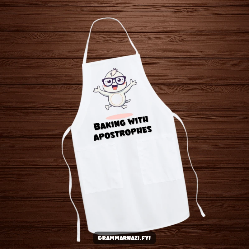 Funny apron showing a happy creature dancing around a curved apostrophe, perfect for kitchen tasks with a touch of elegance.