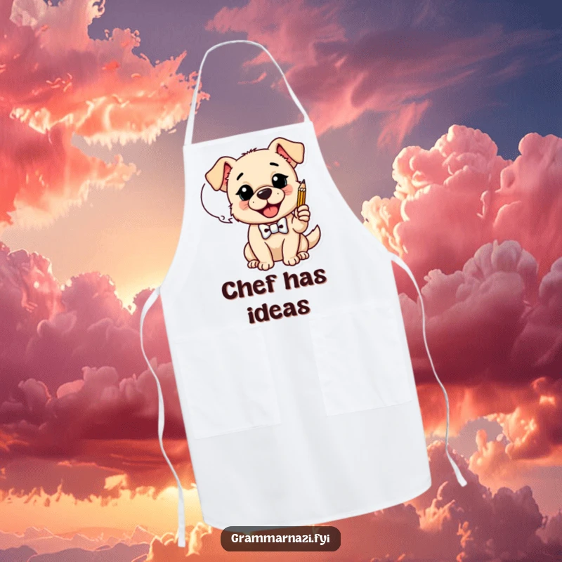 Funny Apron: A happy dog with a bow tie taps a pencil on a dialogue bubble, ideal for funny culinary brainstorming, ideal funny gift.