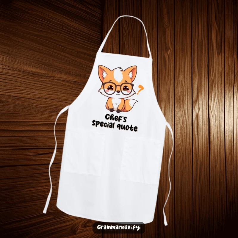 Funny Apron: A curious fox wearing spectacles examines a quotation mark, a humorous addition for culinary minds.