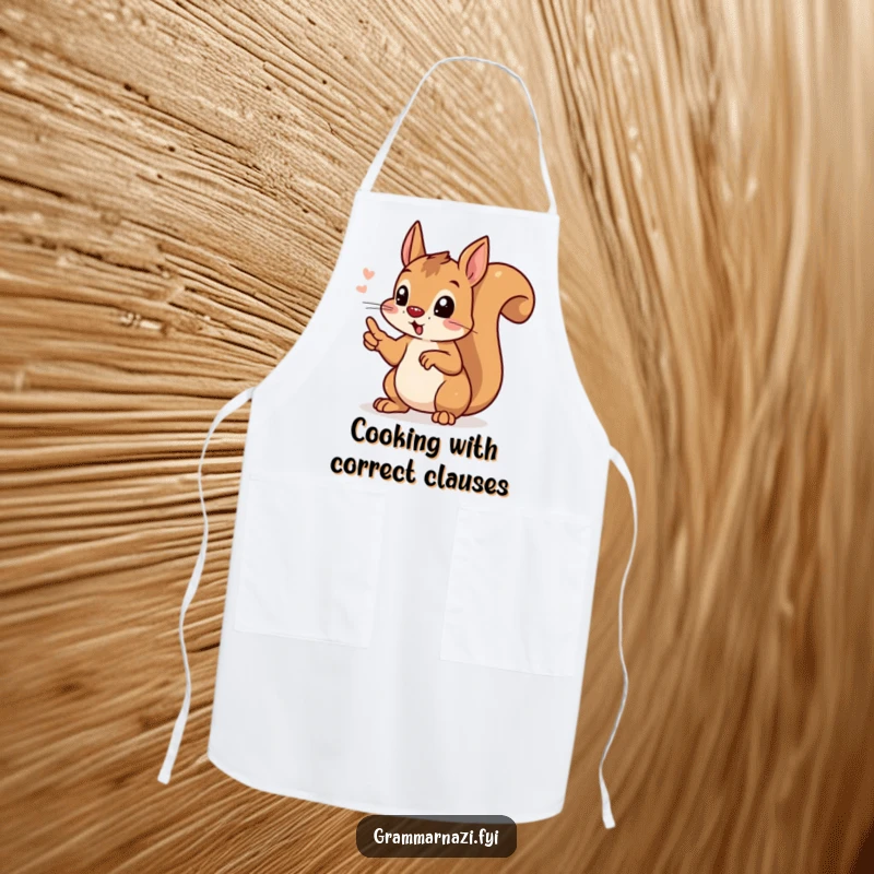 Funny determined squirrel pointing at a perfect apostrophe, on a chef's apron, for a humorous and precise cooking experience.