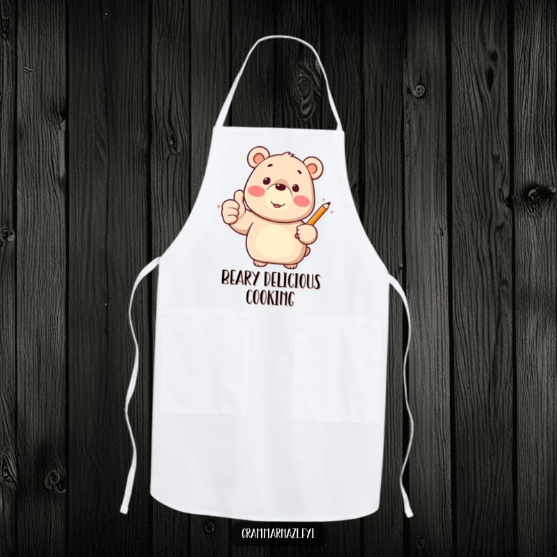 Funny apron with a happy bear character giving a thumbs up and holding a pencil, ready for kitchen adventures.