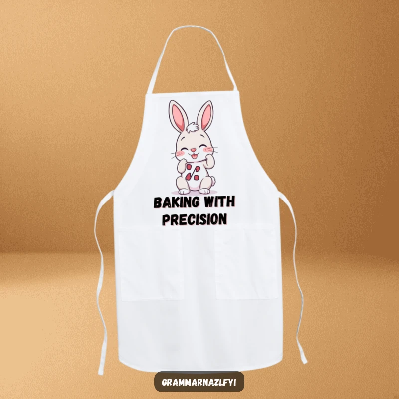 Funny Apron: A giggling bunny character carefully adjusts a perfectly straight apostrophe, a humorous addition for cooks.