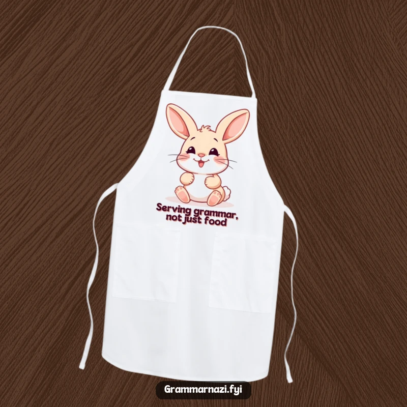 Funny Apron: A happy bunny meticulously places a misplaced colon with care, perfect for chefs who love grammar and a bit of kitchen fun.