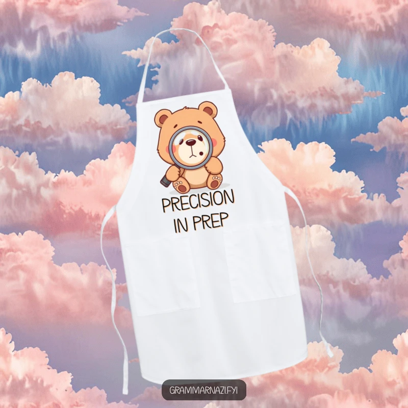 Funny chef bear wearing an apron, using a magnifying glass to scrutinize a comma, perfect for a humor-loving cook.