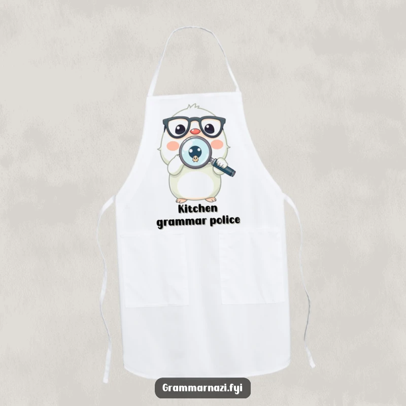 Funny apron showing a small, bespectacled creature with a magnifying glass examining a tiny period, ideal for a culinary setting.