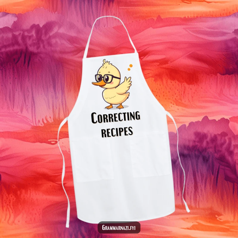 Funny duckling apron with spectacles, pointing at an apostrophe, perfect for cooking with educational humor and enthusiasm.