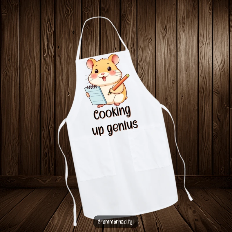 Funny apron with a smiling hamster holding a notepad and pencil, ready to cook and take notes, a humorous kitchen gift.
