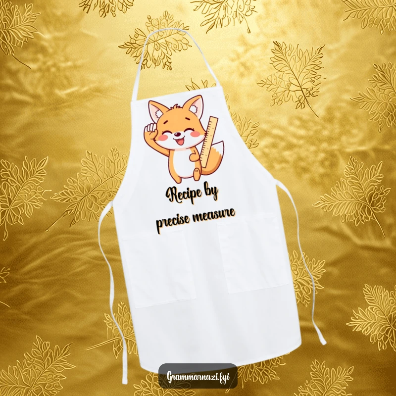 Funny Kawaii Fox Apron: A smiling, cute fox enthusiastically salutes with a ruler, a humorous and functional kitchen accessory.