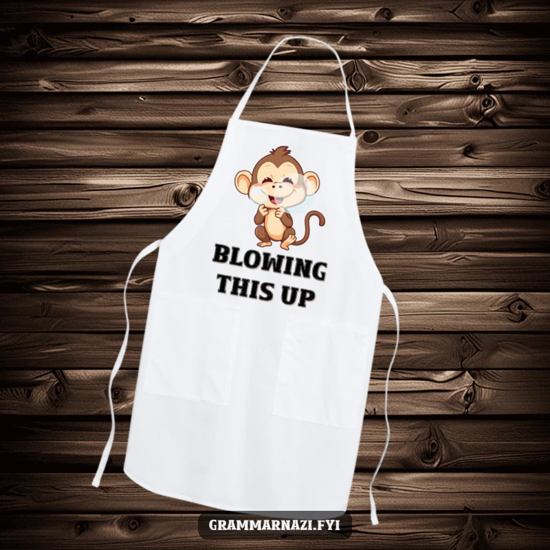 Funny apron showcasing a mischievous monkey blowing a huge bubble with a wide, playful grin.