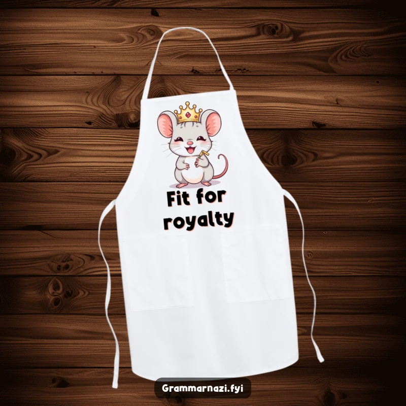 Funny Mouse Crown Polisher Apron: A crowned mouse polishes a comma, ready for humorous culinary adventures.