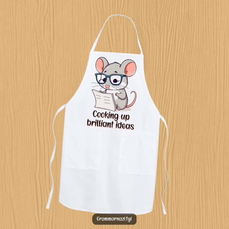 Funny apron with a diligent mouse in glasses, meticulously checking a paragraph, perfect for kitchen scholars.