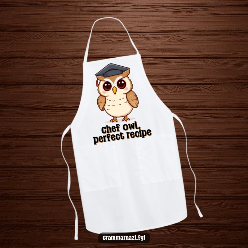 Funny apron featuring a curious owl with a mortarboard hat, correcting punctuation, a wise and humorous kitchen accessory.