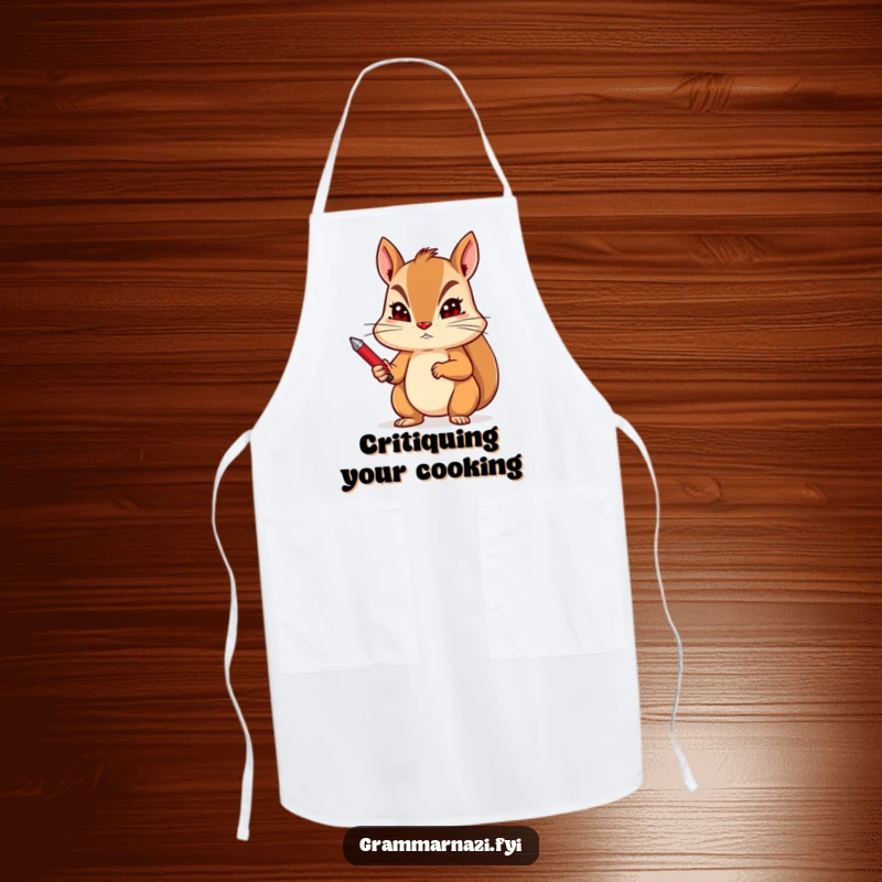 Funny apron featuring a determined squirrel holding a red pen with a stern expression, ideal for precise cooking.
