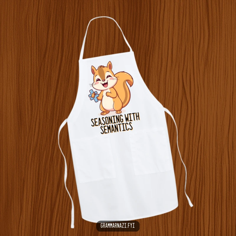 Funny grammar squirrel apron, polishing a shiny, perfectly formed grammatical symbol, humorous kitchen wear for chefs.