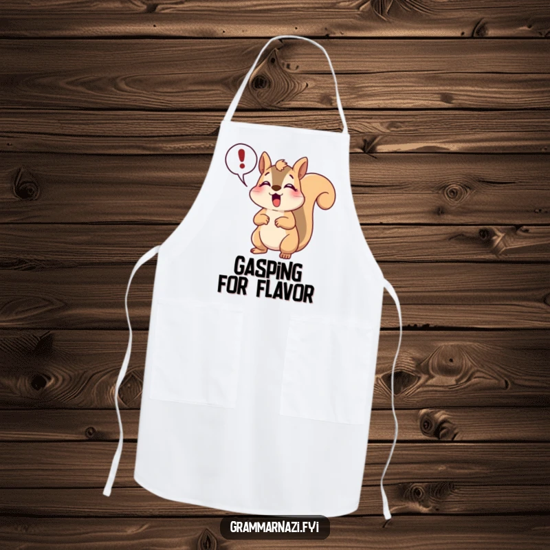 Funny happy squirrel apron with a gasp and exclamation point, perfect for cooking with a touch of humorous theatrics.