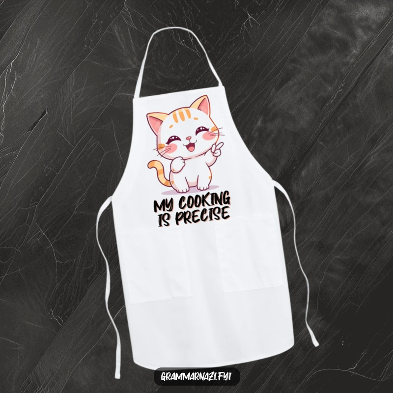 Funny Apron with a cheerful cat character pointing at a misplaced comma, bringing grammar humor to the kitchen.