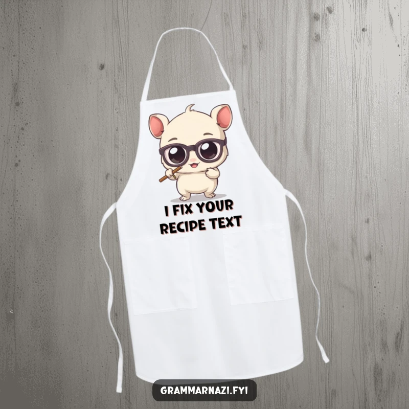 Funny apron with a cute, bespectacled creature erasing an apostrophe, perfect for the kitchen and grammar enthusiasts, a humorous cooking accessory.