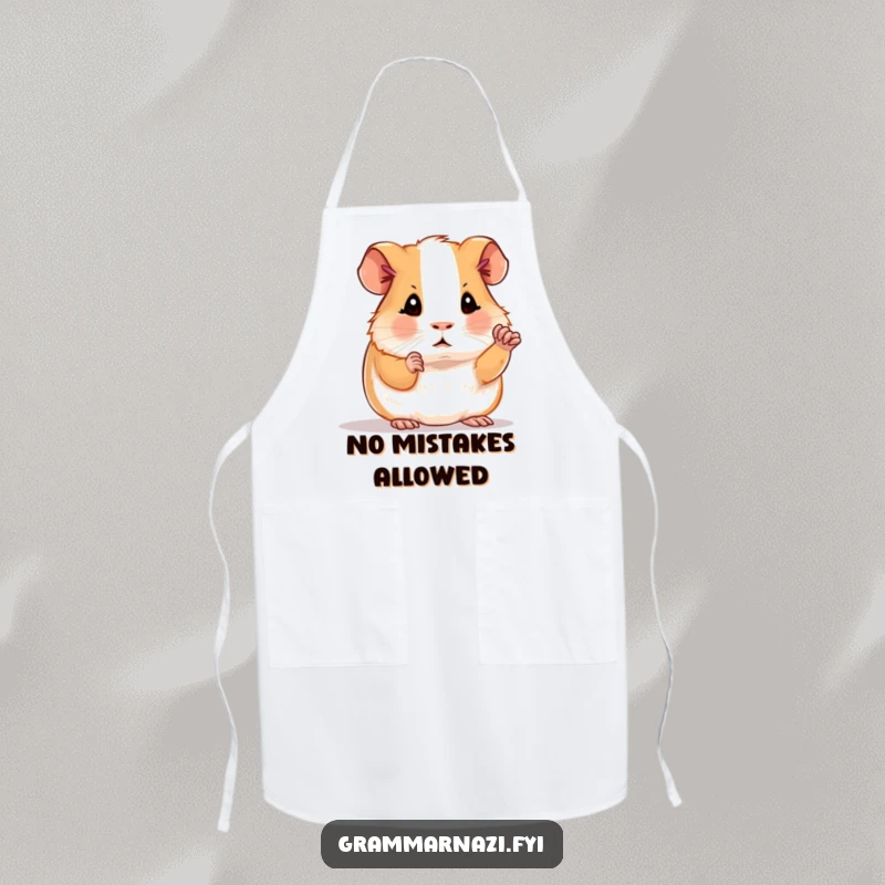 Funny apron with a determined guinea pig polishing a period, adding humor to the kitchen while celebrating grammar.