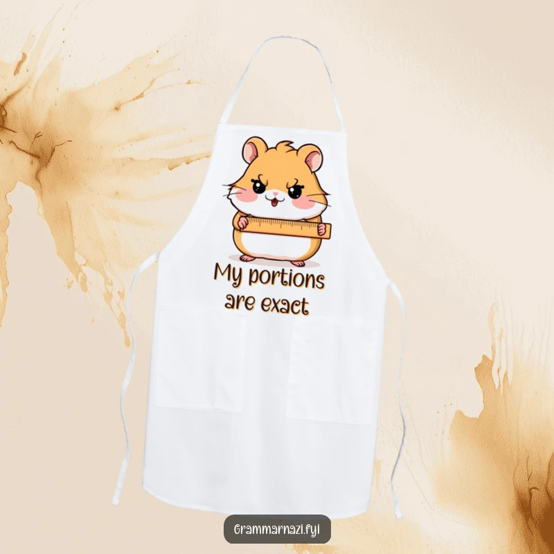 Funny Apron with a blushing hamster character holding a ruler and a stern expression, bringing precision humor to cooking.
