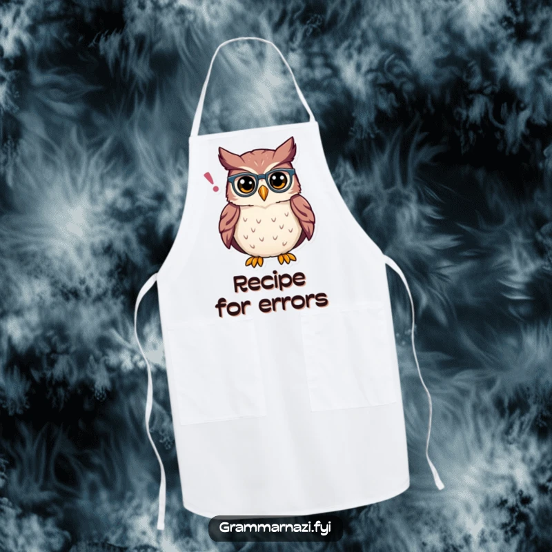 Funny Owl Grammar Apron: A humorous apron with a proud owl adjusting an apostrophe, great for a precise and fun cooking experience.