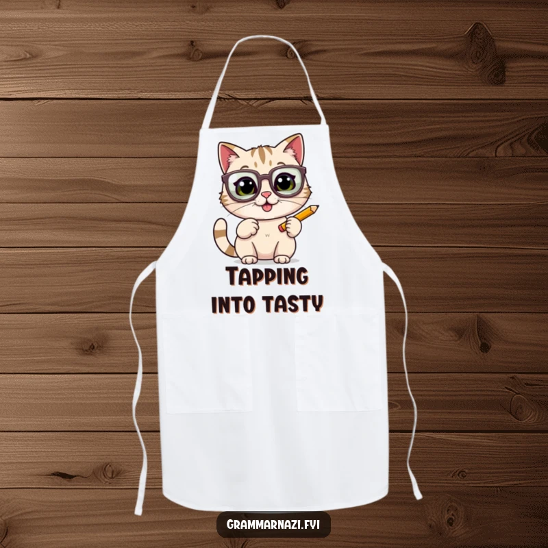 Funny cheerful cat wearing oversized glasses, tapping a pencil, on a chef's apron, for a humorous and inspired cooking experience.