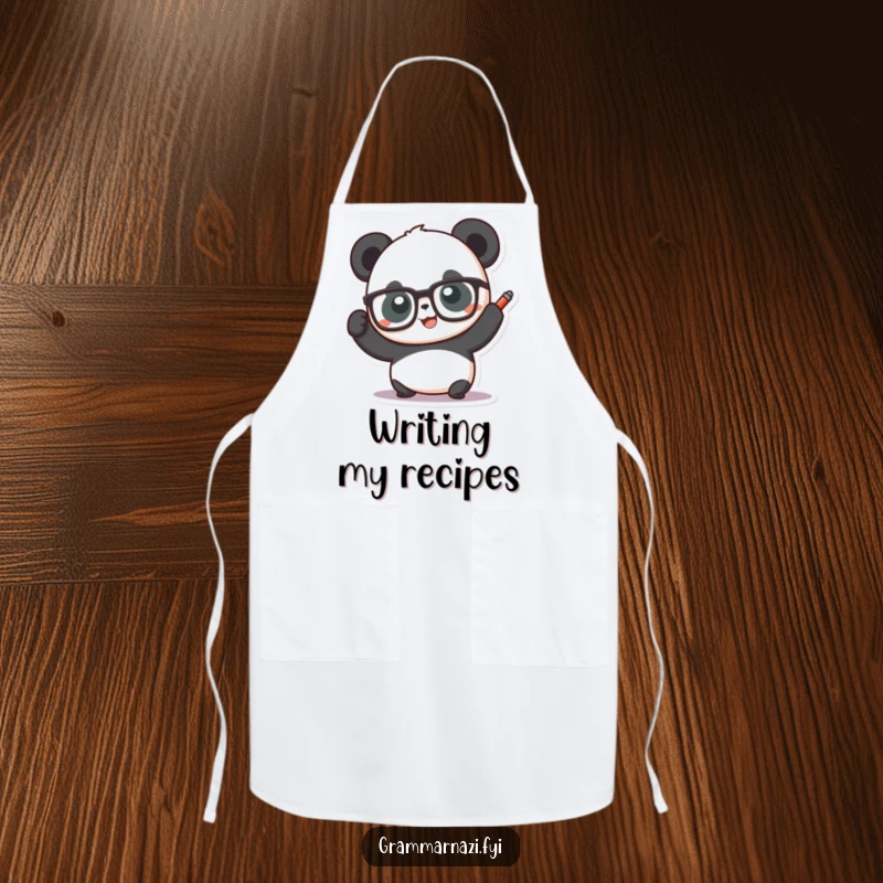 Funny panda wearing glasses and holding a red pen aloft, on a chef's apron, for a smart and humorous cooking experience.