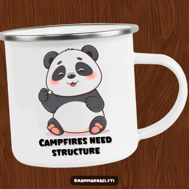 Funny Camping Mug: Panda meticulously correcting a hyphen with an eraser, perfect for funny, precise outdoor moments, a cool funny gift.