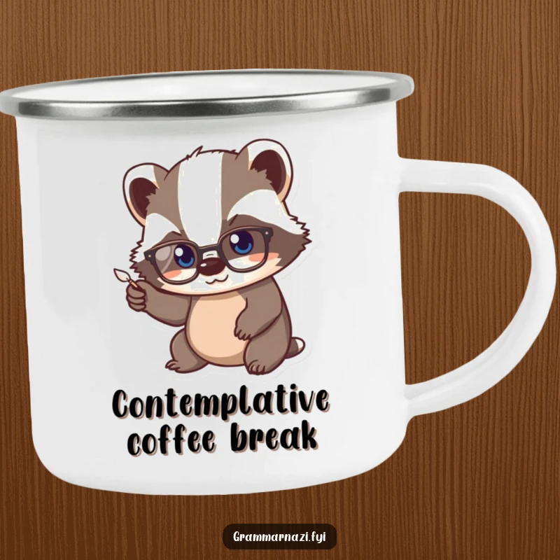Funny Kawaii Badger Camping Mug: A cute badger with spectacles vigorously points a tiny quill, a durable and humorous outdoor mug.