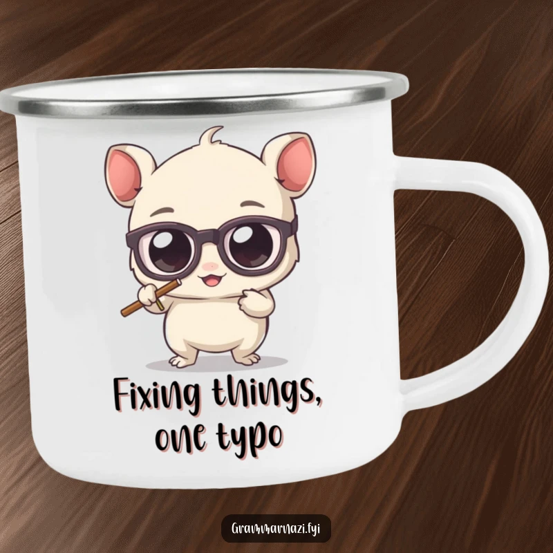 Funny camping mug featuring a cute, bespectacled creature erasing an apostrophe, perfect for outdoor adventures and grammar enthusiasts.