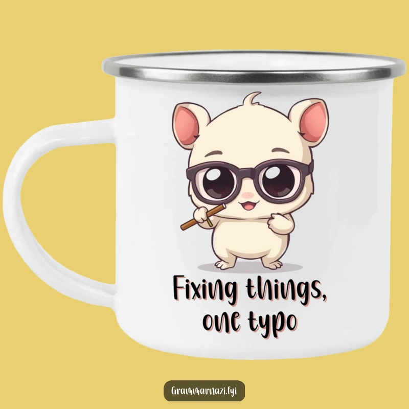 Funny Campfire Grammar Mug: Bespectacled Creature Erasing Apostrophe, Outdoor Gift