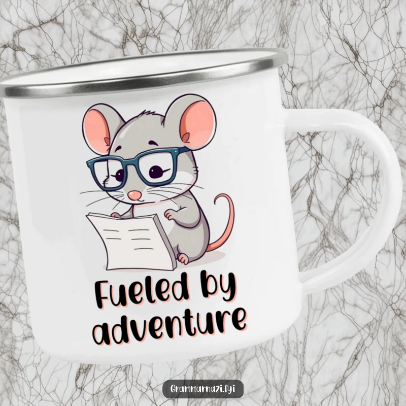 Funny camping mug with a diligent mouse in glasses, meticulously checking a paragraph, for outdoor study sessions.
