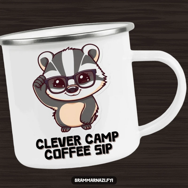 Funny Confident Badger Camping Mug: A badger adjusts its glasses with a knowing smile, perfect for enjoying drinks outdoors.