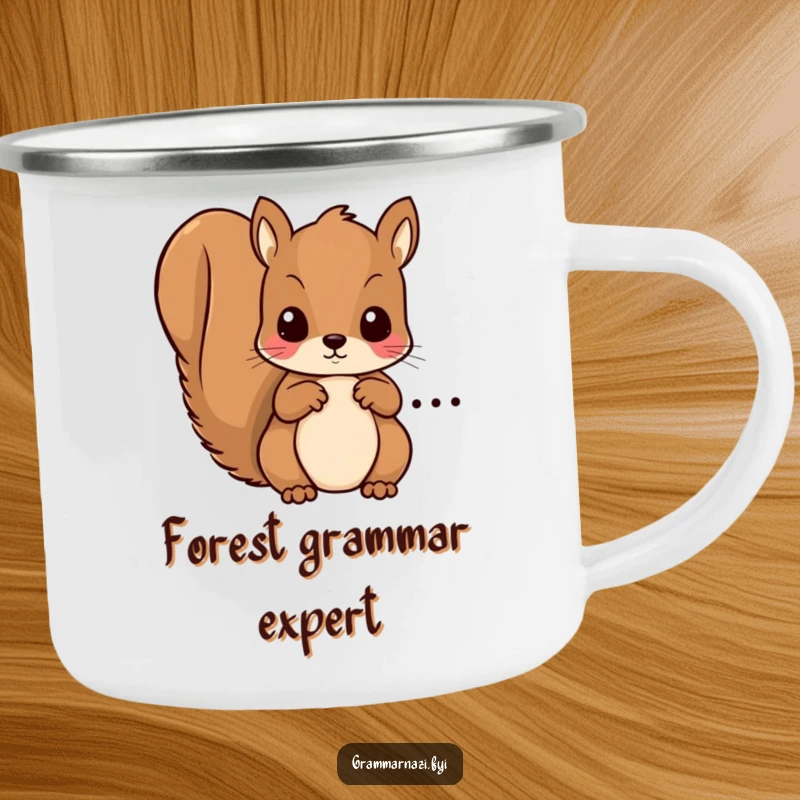 Funny enamel camping mug featuring a focused kawaii squirrel inspecting text for errors, perfect for outdoor wit.