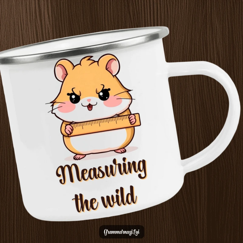 Funny Camping Mug featuring a blushing hamster character holding a ruler with a stern expression, perfect for precise outdoor moments.