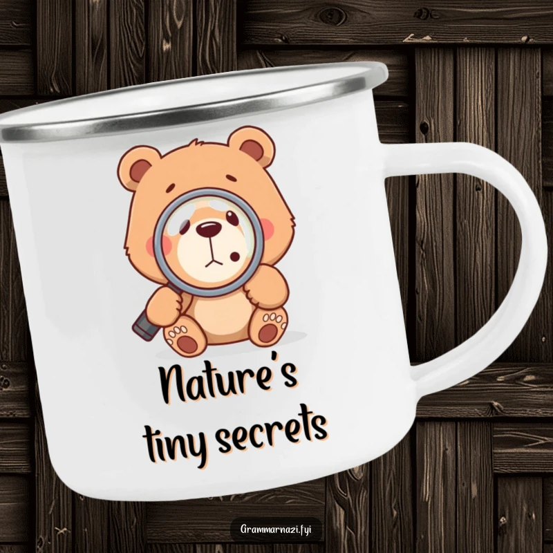 Durable funny camping mug with a bear inspecting a comma, perfect for outdoor enthusiasts who love grammar and humor.