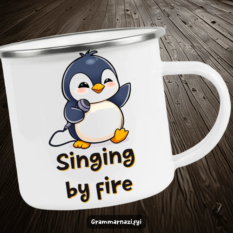 Funny camping mug with a tiny penguin winking and holding a miniature microphone. Outdoor performer.