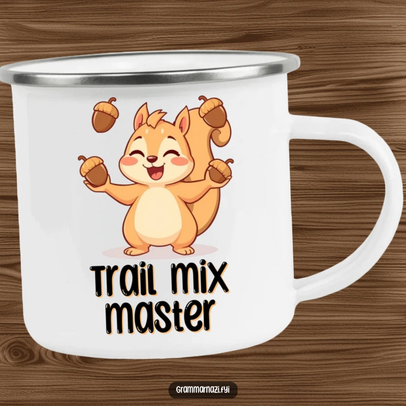 Funny camping mug with a cheerful squirrel juggling acorns, perfect for outdoor enthusiasts and nature lovers.