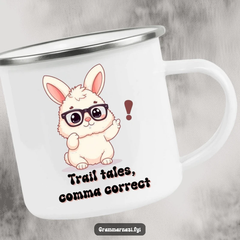 Funny camping mug showcasing a fluffy bunny with spectacles, emphatically pointing at a misplaced comma, a witty outdoor accessory.