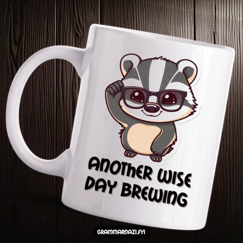 Funny Confident Badger Mug: A badger adjusts its glasses with a knowing smile, exuding intelligence and subtle humor.