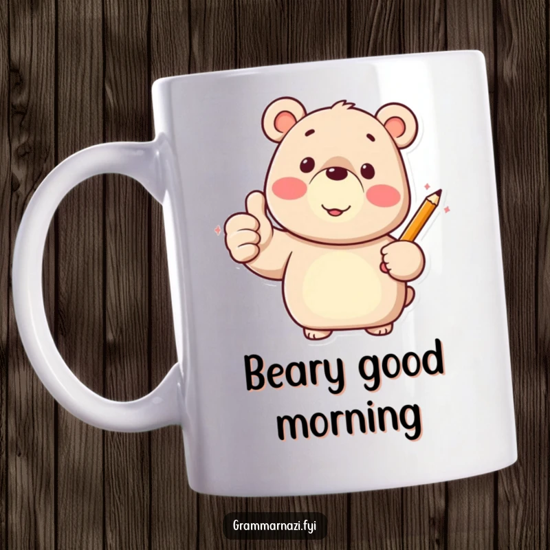 Funny mug featuring a happy bear character giving a thumbs up while holding a pencil, looking proud.