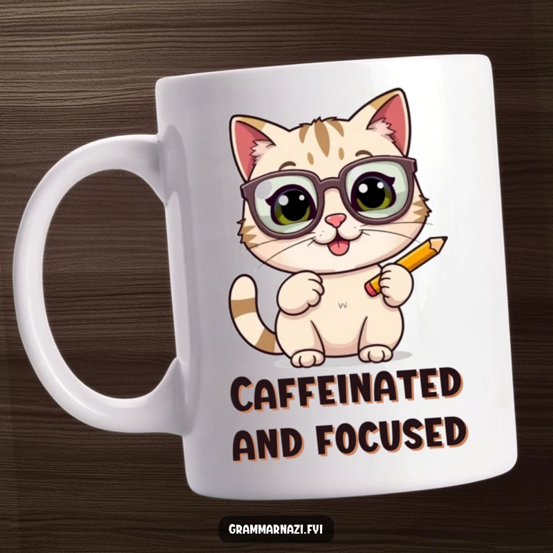 Funny cheerful cat wearing oversized glasses, tapping a pencil excitedly, on a mug, symbolizing studiousness and humor.