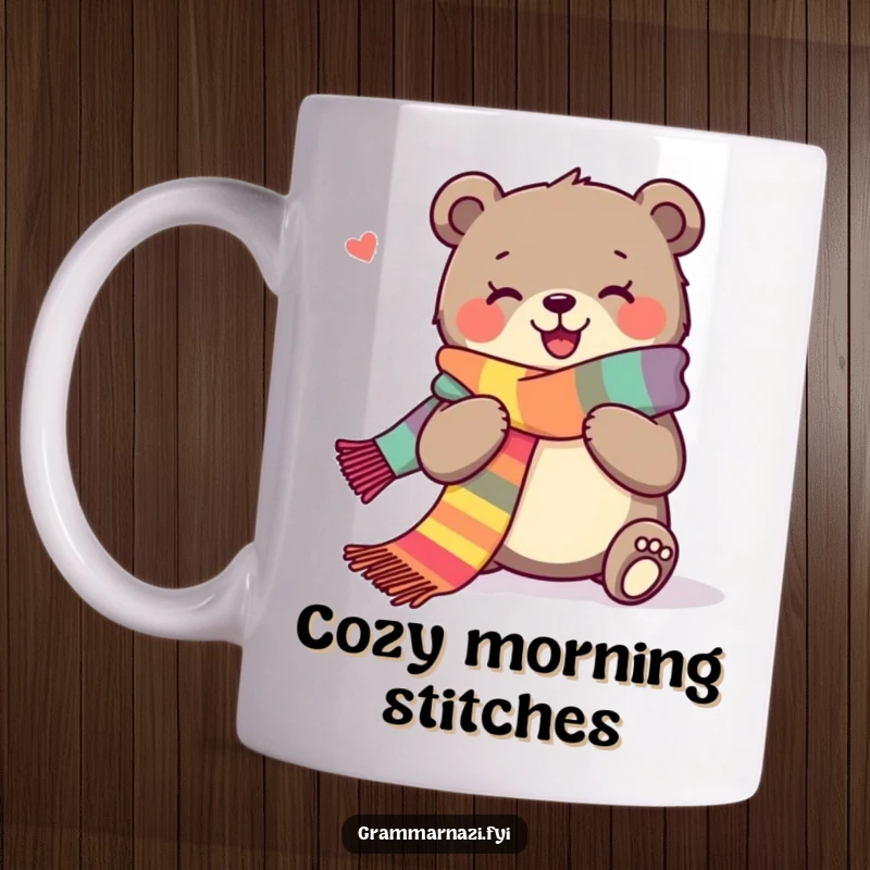 Funny mug showing a joyous brown bear happily knitting a very long, brightly colored scarf, radiating contentment.