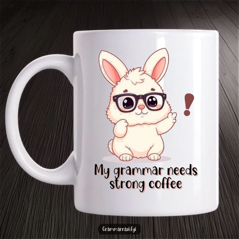 Funny mug with a fluffy bunny wearing spectacles, emphatically pointing at a misplaced comma, a perfect gift for grammar lovers.