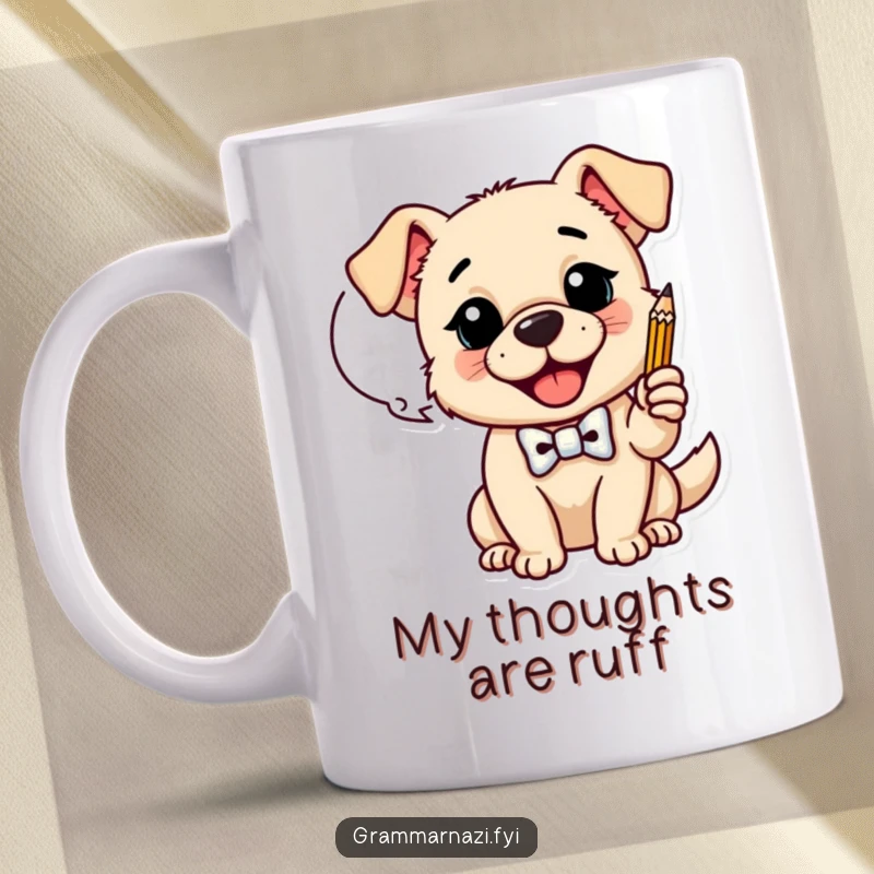 Funny Mug: A happy dog wearing a bow tie taps a pencil on a dialogue bubble, symbolizing funny brainstorming and ideas, great funny gift.