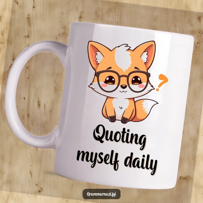 Funny Mug: A curious fox wearing spectacles peers intently at a quotation mark, embodying intellectual curiosity.