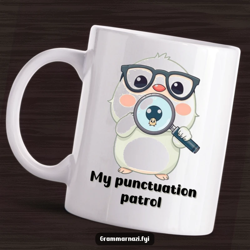 Funny mug featuring a tiny animal with glasses using a magnifying glass to inspect a tiny, misplaced period with intense focus.