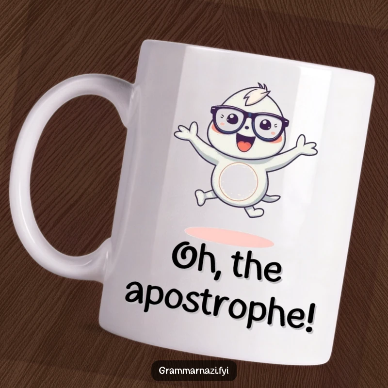 Funny mug showing a joyful, bespectacled creature happily dancing around a gracefully curved apostrophe, celebrating language and fun.