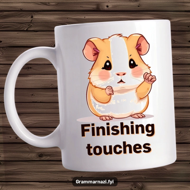 Funny mug featuring a determined guinea pig polishing a period, representing obsession with perfect punctuation, a great gift for word lovers.