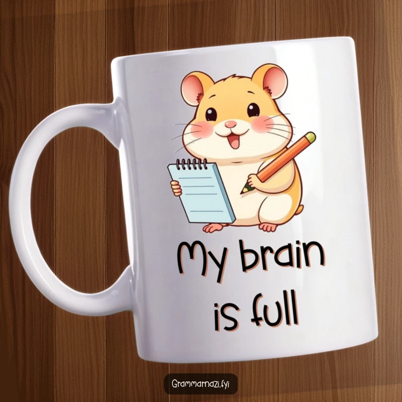 Funny mug featuring a smiling hamster with a notepad and pencil, ready to write witty observations, a perfect gift for humor lovers.