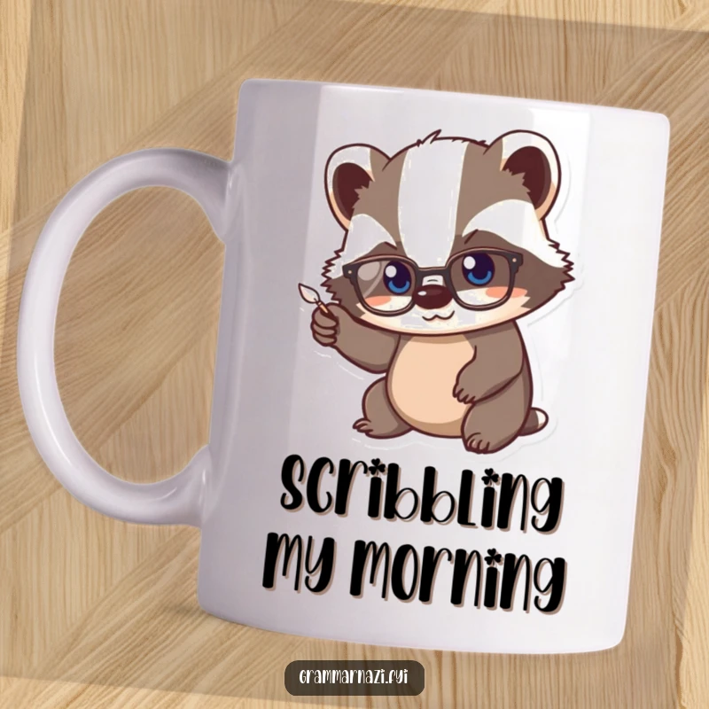 Funny Kawaii Badger Mug: A cute badger wearing spectacles points a tiny quill vigorously, embodying diligent study and writing.